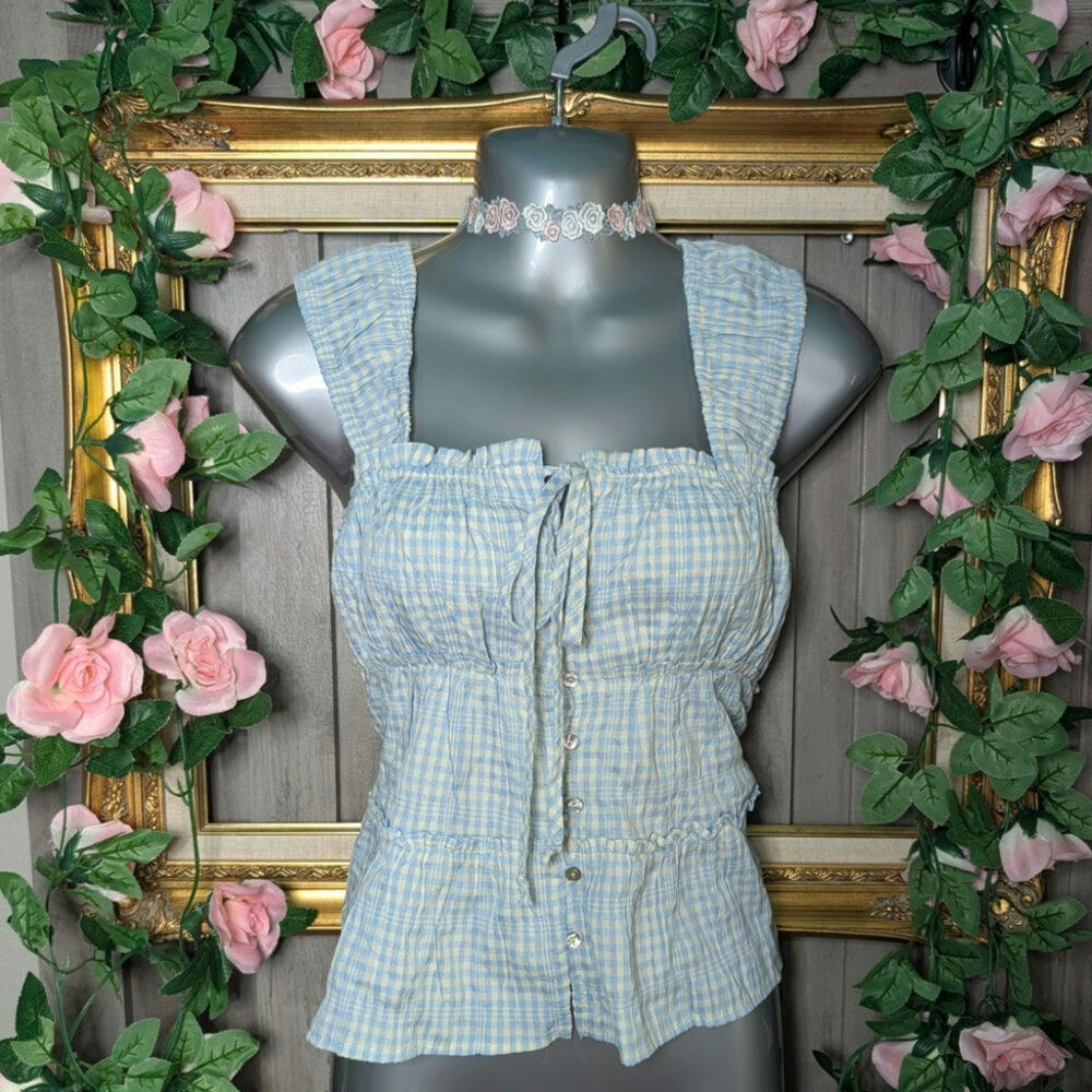 Blue gingham babydoll shirt with tags size small